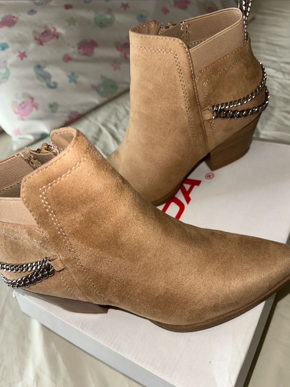 Soda Tan Suede Pointed Ankle Booties with Silver Chain